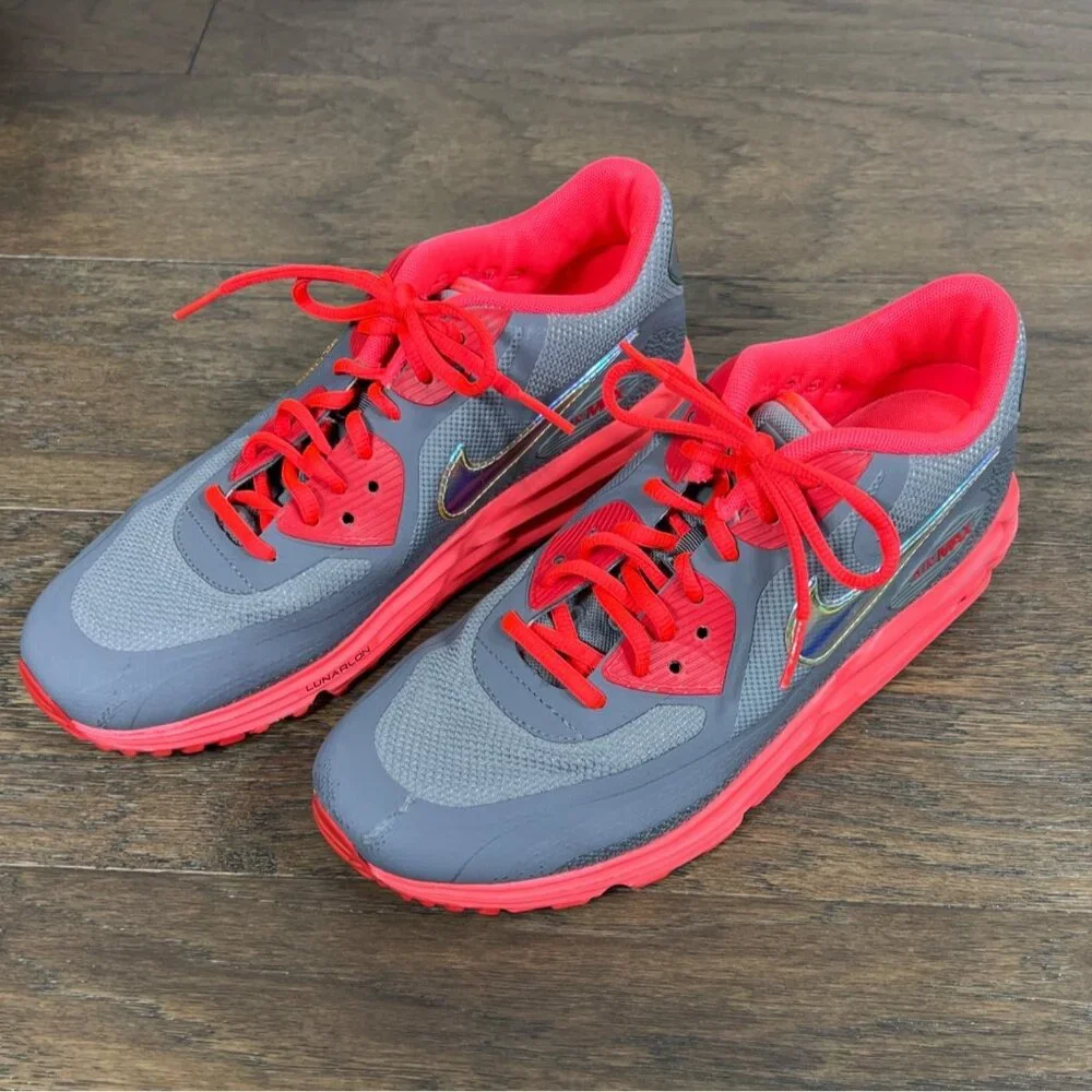 NIKE Air Max Lunarlon Running Shoes Fluorescent Pink Gray Ladies US Sz 9 EUC